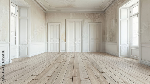 Empty room with wooden floors and white doors in vintage style