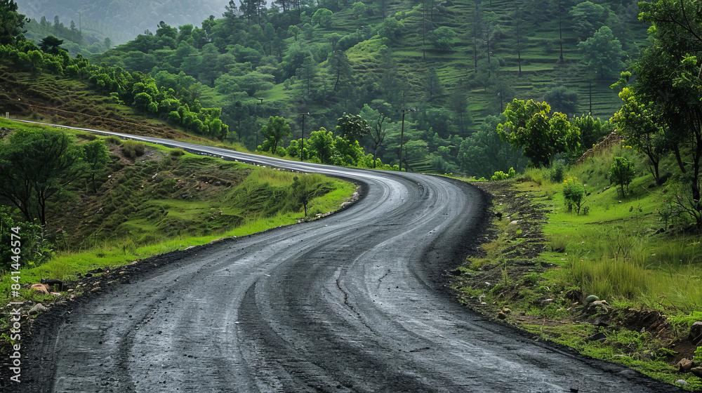 Winding asphalt road through a lush hilly green landscape Winding asphalt road through a lush hilly green landscape