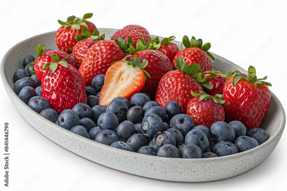Fresh strawberries and blueberries in a ceramic dish, healthy and organic, perfect for snacking, vibrant colors, close up view, high resolution photography Fresh strawberries and blueberries in a ceramic dish, healthy and organic, perfect for snacking, vibrant colors, close up view, high resolution photography