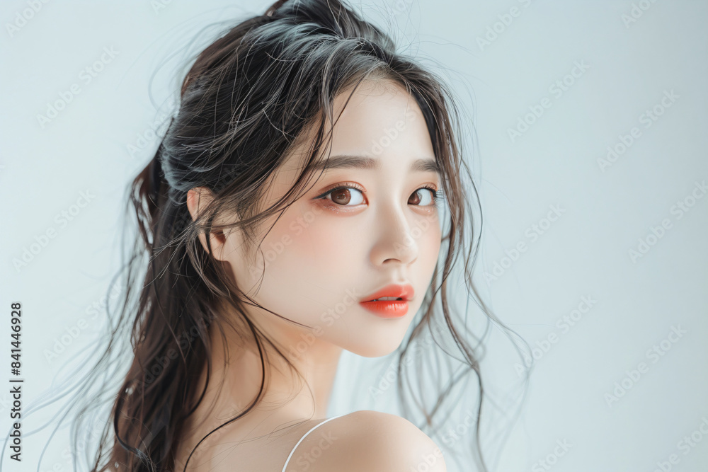 a woman with long hair and a white top