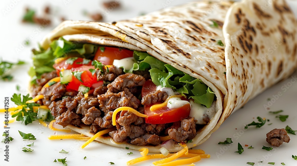 A beef taco with sour cream lettuce and tomato all wrapped in a tortilla isolated on white background A beef taco with sour cream lettuce and tomato all wrapped in a tortilla isolated on white background