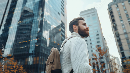 Bearded businessman wearing white sweater and backpack in urban cityscape