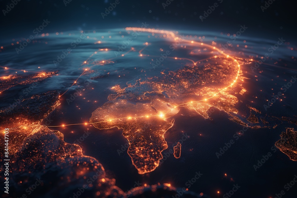 Glowing network of connections across a world map