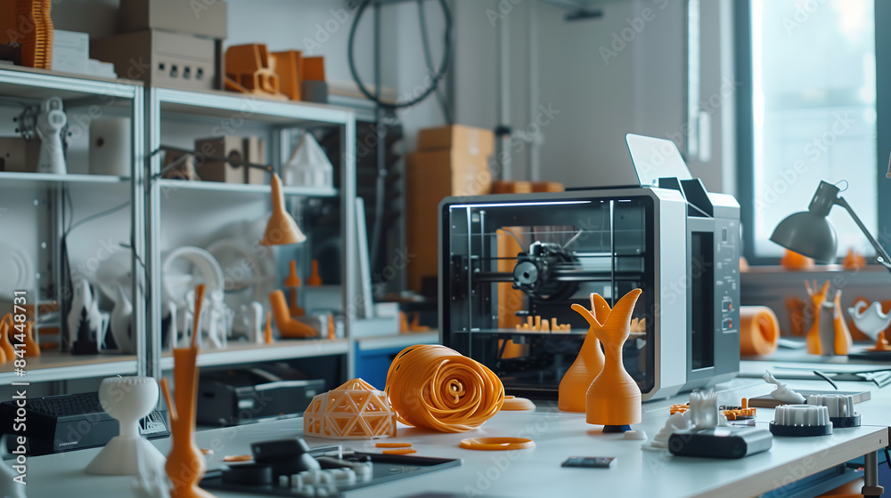 3D printer sits on a table in an innovative laboratory surrounded by various plastic parts and models 3D printer sits on a table in an innovative laboratory surrounded by various plastic parts and models
