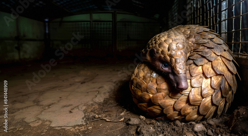 Curled pangolin in a dimly lit enclosure photo