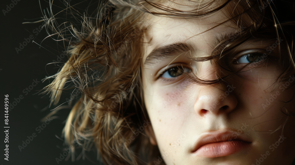 Close-up portrait of a teenager with messy hair and thoughtful expression Close-up portrait of a teenager with messy hair and thoughtful expression