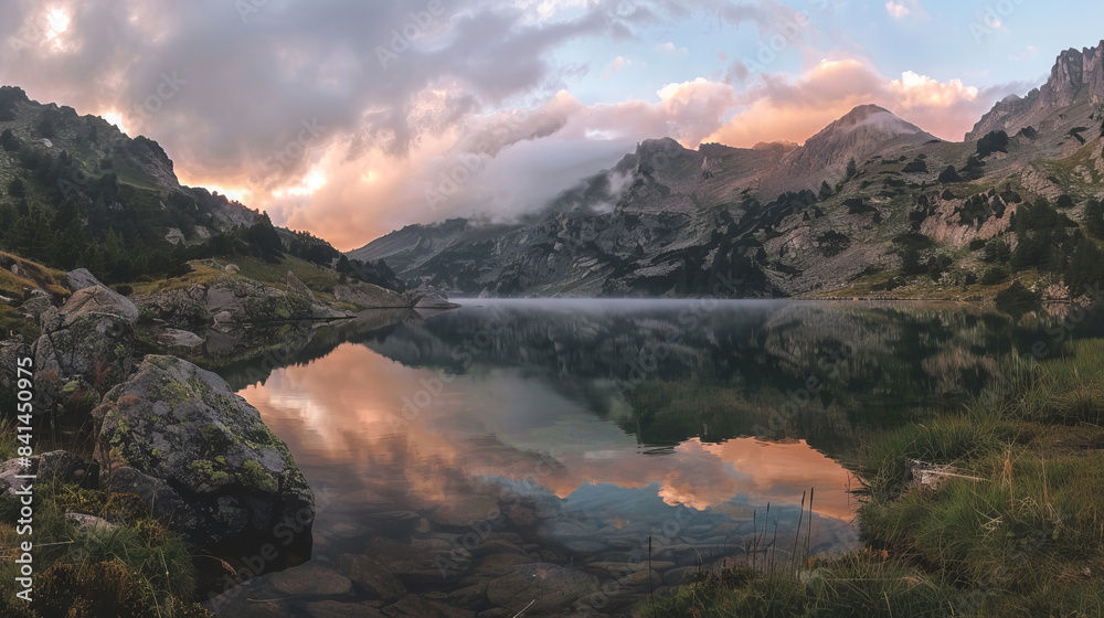 Obraz premium Cloudy sunrise over alpine lake in the French Pyrenees