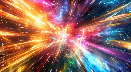 A vibrant, colorful light explosion with beams radiating outwards on all sides, creating an abstract background, speed. 