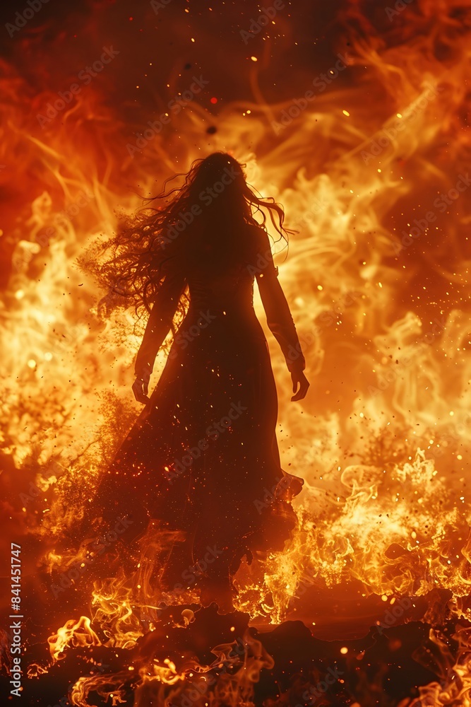 Regal Mythological Goddess Emerging from Raging Wildfire Silhouette Regal Mythological Goddess Emerging from Raging Wildfire Silhouette