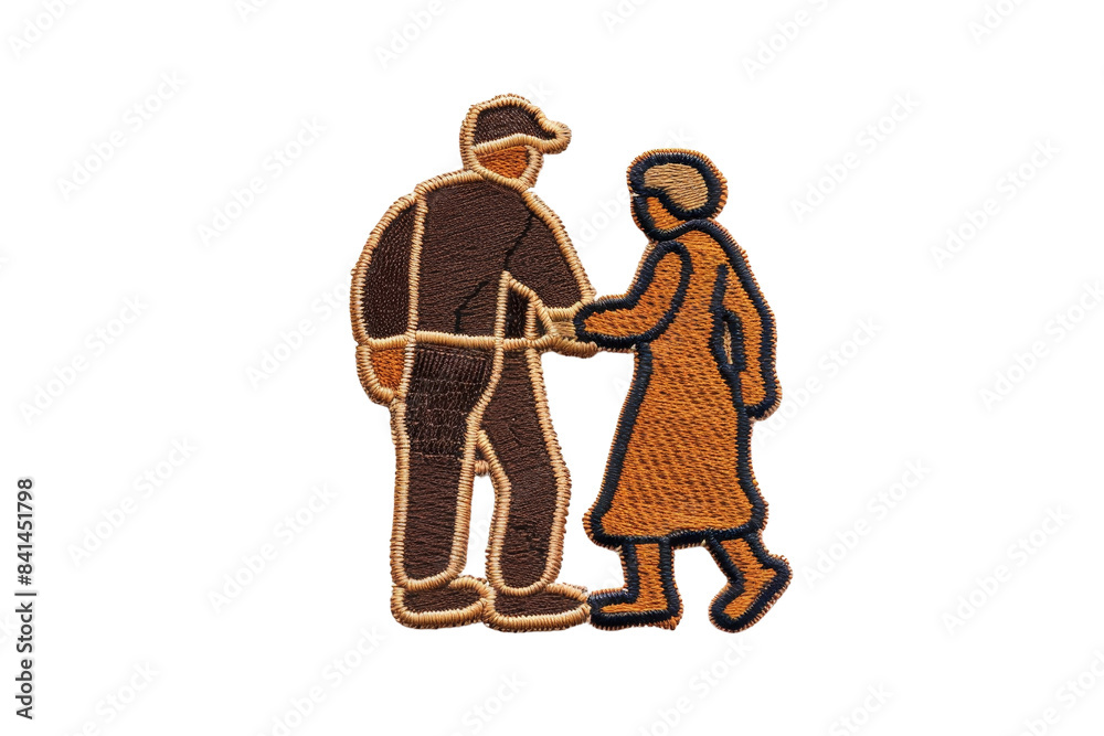 Obraz premium Vintage embroidered patch depicting an elderly couple walking, perfect for nostalgia-themed crafting projects.