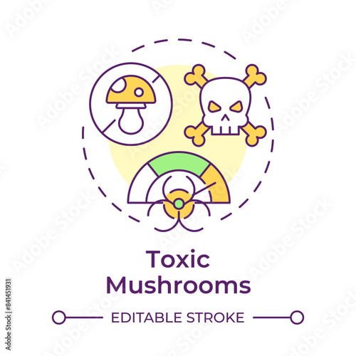 Toxic mushrooms multi color concept icon. Deadly poisonous fungi. Harmful wild mushrooms. Health risk. Round shape line illustration. Abstract idea. Graphic design. Easy to use in article