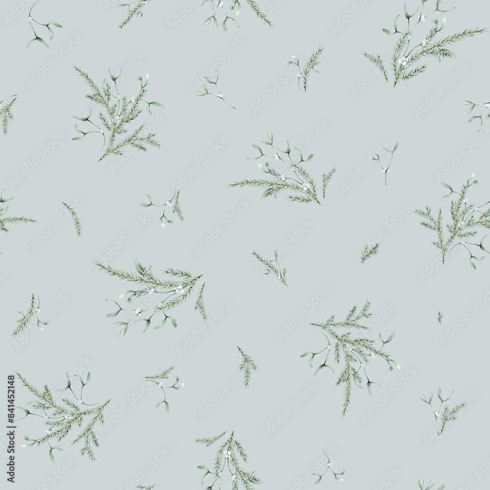 Seamless pattern with New Year's green plants and berry white mistletoe. Repeat pattern with coniferous forest branches of spruce or fir. Watercolor hand drawing illustration on isolated background. Seamless pattern with New Year's green plants and berry white mistletoe. Repeat pattern with coniferous forest branches of spruce or fir. Watercolor hand drawing illustration on isolated background.