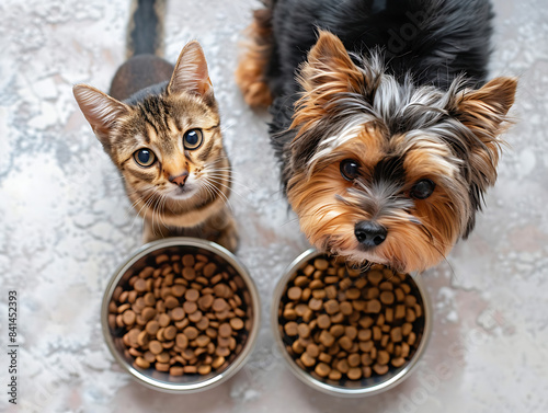 a cat and dog are eating food from a bowl of dog food.