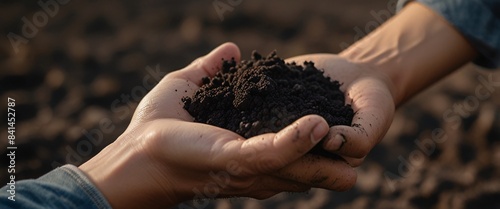 Hands of farmer showing black soil in agricultural field. Farmer holding in hands fresh fertile soil before sowing