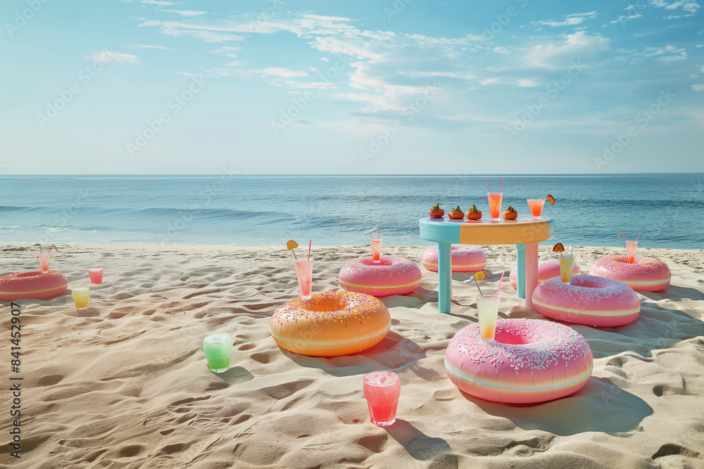 A beach lined with chairs, tables, and sunbeds in the shape of a doughnut. Summer time, summer vacation, summer holiday A beach lined with chairs, tables, and sunbeds in the shape of a doughnut. Summer time, summer vacation, summer holiday