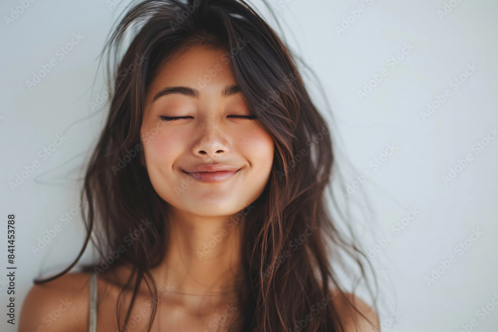 a woman with long hair smiling and looking up a woman with long hair smiling and looking up