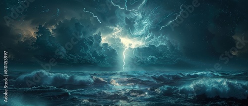 A stormy ocean with a lightning bolt in the sky