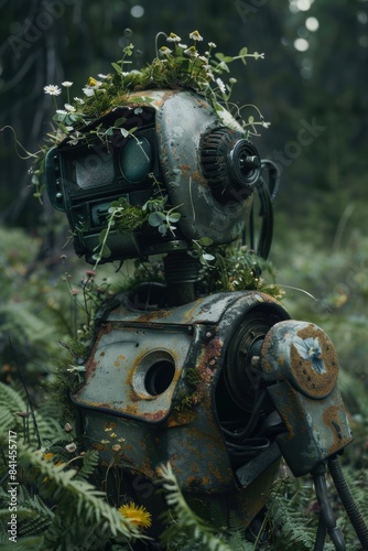 old vintage robot in eco concept style  plants and flowers growing from his body  in forest  cinematic lighting.