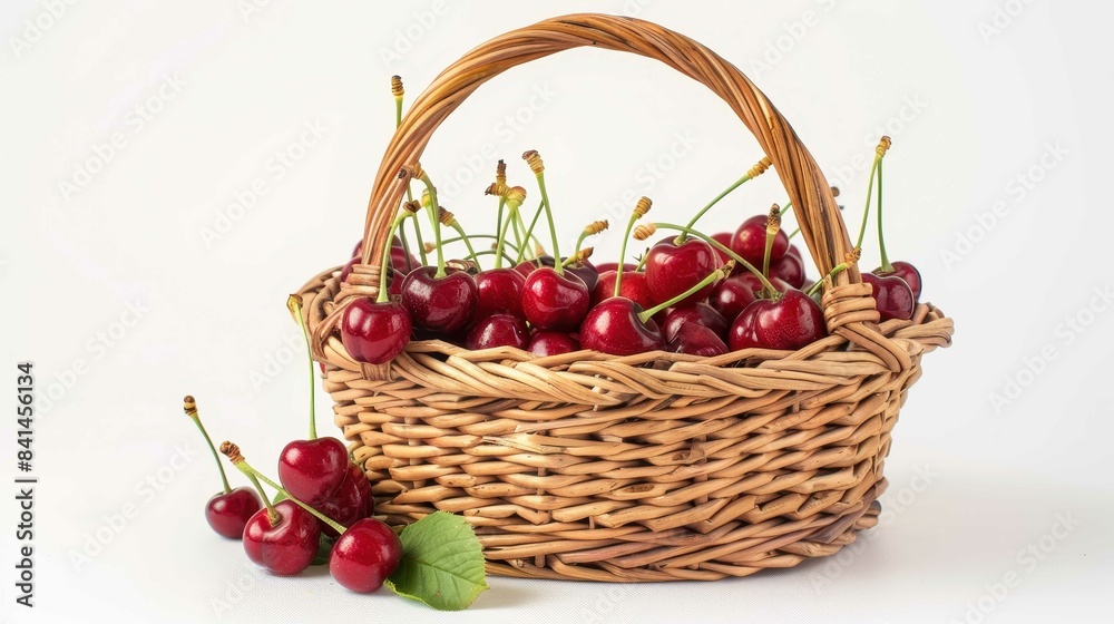A wicker basket filled with fresh, ripe red cherries showcasing a natural and healthy fresh fruit selection on a light background.