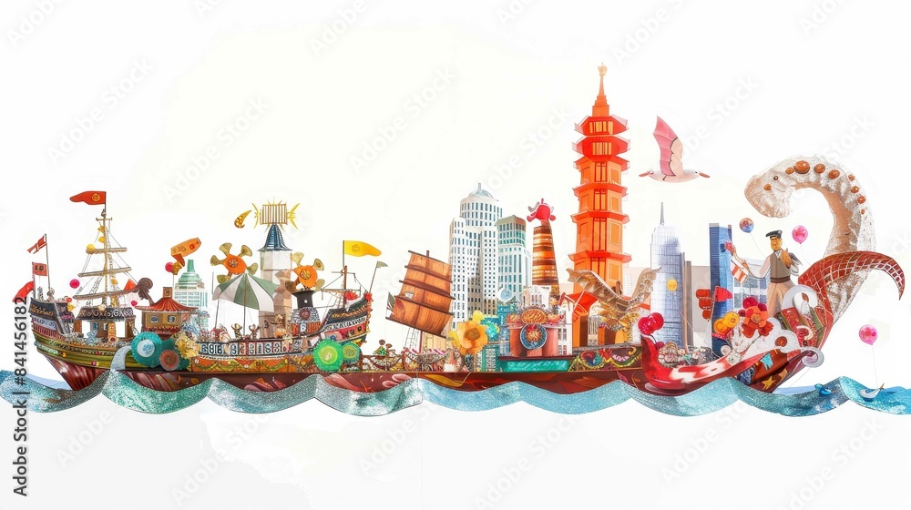 Colorful illustration of a whimsical boat journey featuring various structures and cityscapes from around the world with imaginative elements. Colorful illustration of a whimsical boat journey featuring various structures and cityscapes from around the world with imaginative elements.