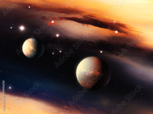 Bright interstellar nebulae in space. Planets near cosmic dust. Distant Earth-like worlds against a background of stars.