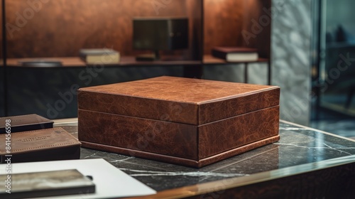 sophisticated podium covered in rich leather, adding a touch of luxury and refinement to the presentation of designer accessories or high-end stationery. 