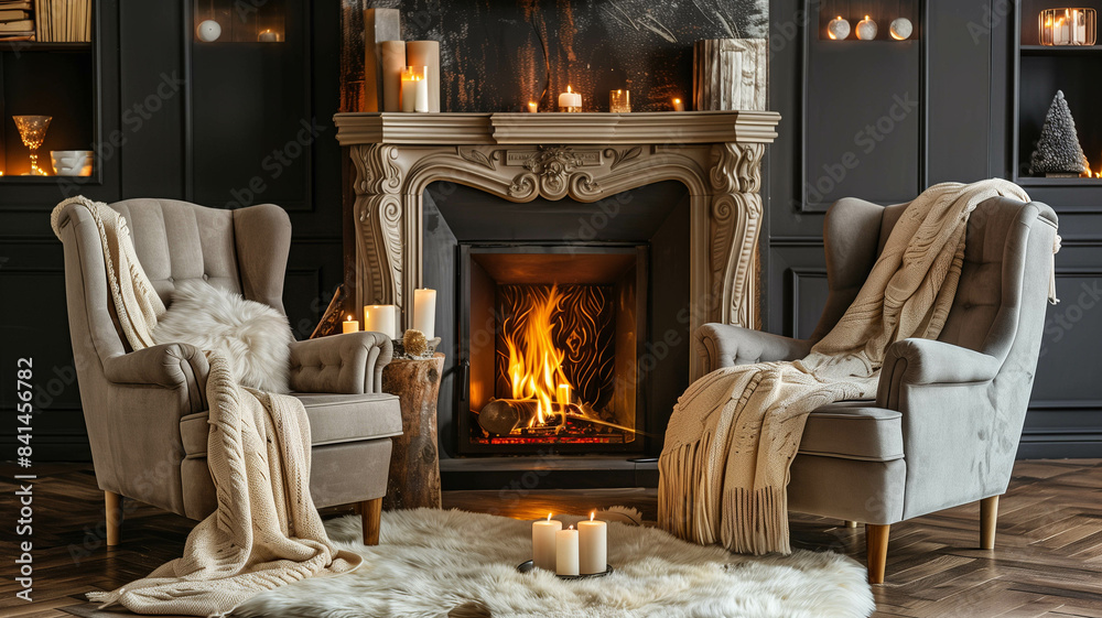 A cozy fireplace with two armchairs placed nearby, adorned with plush blankets and pillows, perfect for a romantic evening in. Ai generated A cozy fireplace with two armchairs placed nearby, adorned with plush blankets and pillows, perfect for a romantic evening in. Ai generated