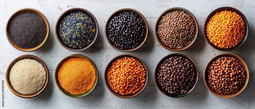 A Variety of Dried Beans and Lentils in Bowls on a Plain Background High-Quality Image A Variety of Dried Beans and Lentils in Bowls on a Plain Background High-Quality Image