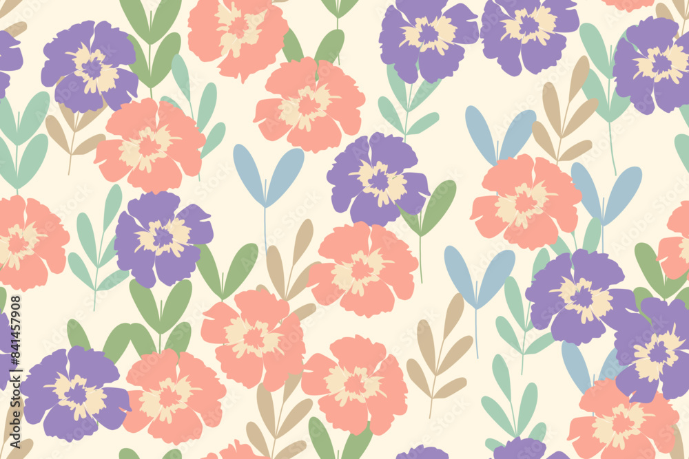Seamless pattern design with beautiful flowers and leaves. design for fabric, cotton, wallpaper, satin, gift wrap, carpet.	