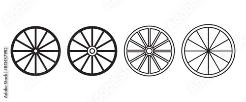 Wheel wagon vector set of icon. black collection wooden cartwheel wagon, Wooden wheel black vector set on white background.