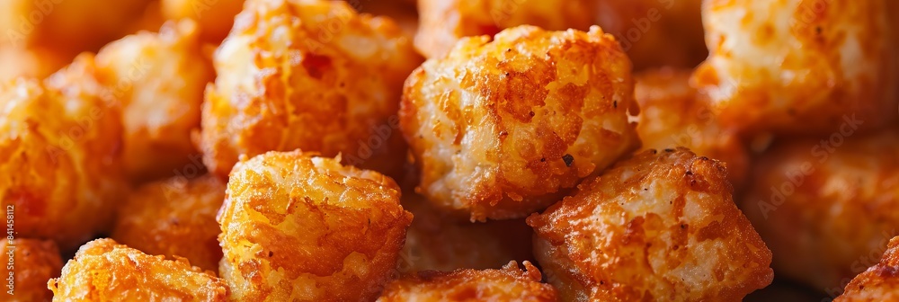 A tater tots close up, food design, dynamic, dramatic compositions, with copy space.