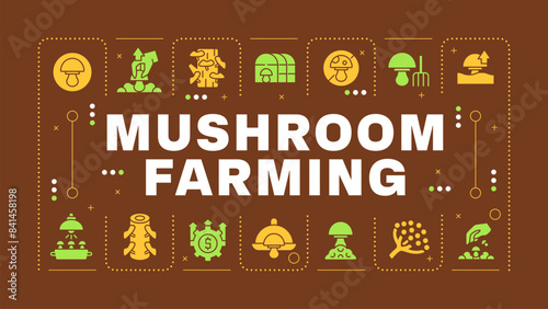 Mushroom farming brown word concept. Growing and harvesting. Fungi indoor cultivation. Visual communication. Vector art with lettering text, editable glyph icons. Hubot Sans font used