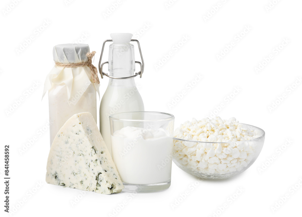 Different fresh dairy products isolated on white