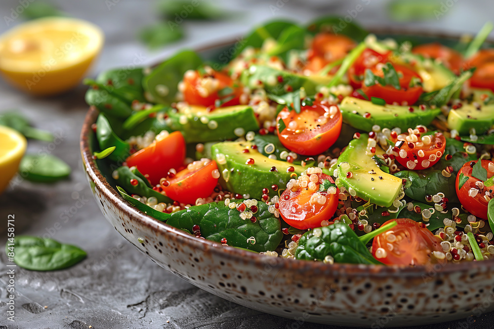 Spinach and Quinoa Salad with cooked quinoa, spinach, cherry tomatoes, avocado, and a lemon-tahini dressing.