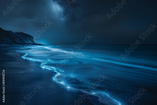 Enchanting Night Beach Scene with Bioluminescent Waves and Starry Sky for Relaxation and Nature Photography