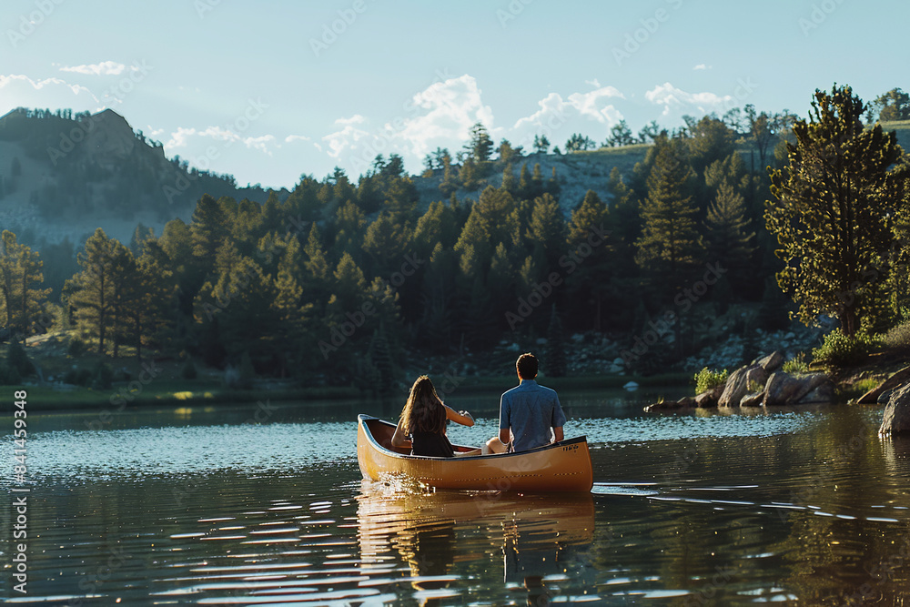 A couple embarks on a scenic canoe ride, gracefully rowing across a tranquil lake amidst the natural beauty of Colorado A couple embarks on a scenic canoe ride, gracefully rowing across a tranquil lake amidst the natural beauty of Colorado