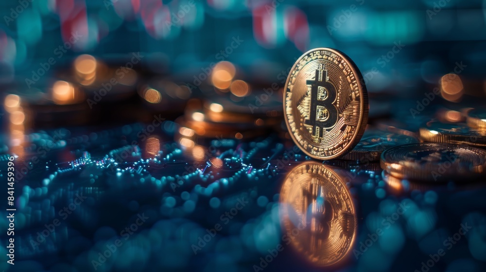 Close-up of a Bitcoin coin standing on a digital financial background, symbolizing cryptocurrency and blockchain technology.