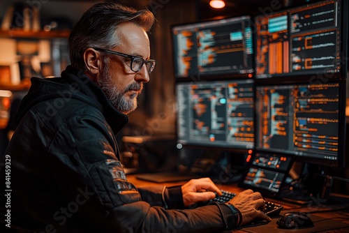 Man at computer workstation with monitors © gearstd