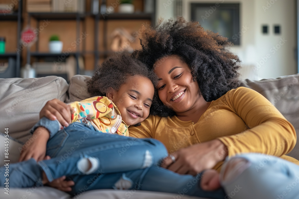 A joyful black mother reclines on a sofa, playing with her daughter with evident delight. Their interaction embodies the warmth and happiness of family life A joyful black mother reclines on a sofa, playing with her daughter with evident delight. Their interaction embodies the warmth and happiness of family life