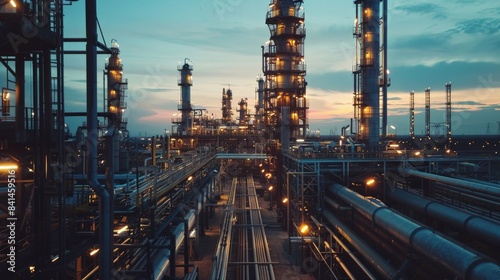 A vast gas production rig featuring endless steel structures under a twilight sky, showcasing industrial complexity.