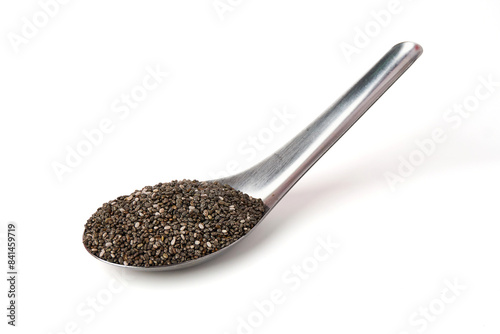 Chia Seed on spoon isolated on white background. Chia Seed is a small grain. will swell when soaked in water. high energy. many nutrients Contains omega-3, protein, fiber,  antioxidants and vitamin. photo