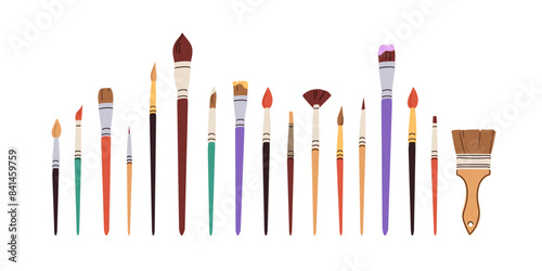Paintbrushes tools set. Different types of art paint brushes, thick and thin bristles of various shape. Creative drawing, painting accessories. Flat vector illustration isolated on white background