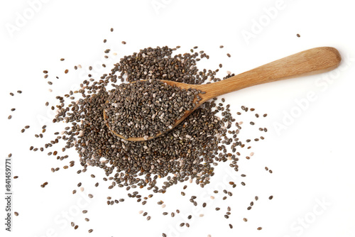 Chia Seed on spoon and scattered isolated on white background. Chia Seed is a small grain. will swell when soaked in water. many nutrients Contains omega-3, protein, fiber, antioxidants and vitamin.