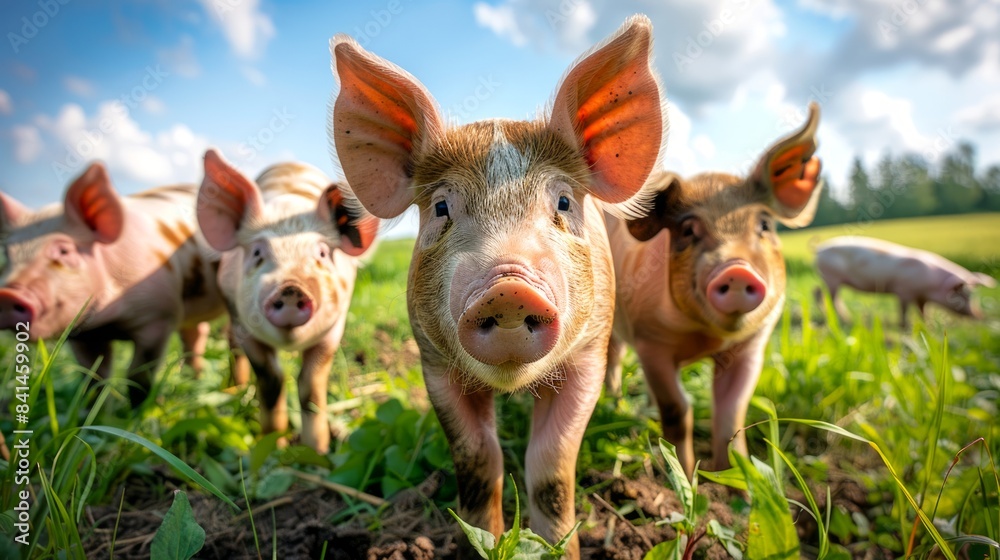 Adorable pigs. Cute piglets in a green grassy field under a blue sky with white clouds. Concept of livestock, farm animals, agriculture, rural life Adorable pigs. Cute piglets in a green grassy field under a blue sky with white clouds. Concept of livestock, farm animals, agriculture, rural life