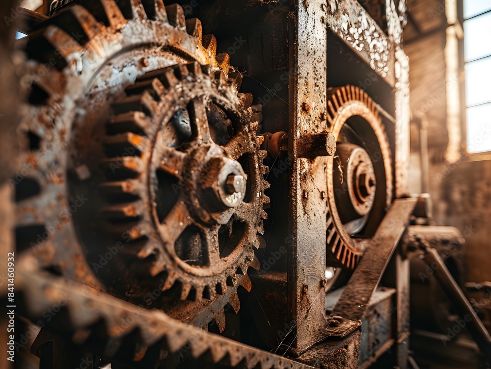 Two old, rusty gears that are connected to each other Two old, rusty gears that are connected to each other