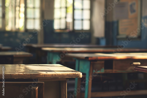 In the background, the empty old classroom in the school appears blurry, evoking a sense of nostalgia and memories fading into the past