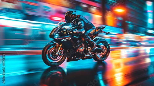 Brightly colored neon motorcycle with a rider in motion. Concept of speed, adrenaline, futuristic design, and racing
