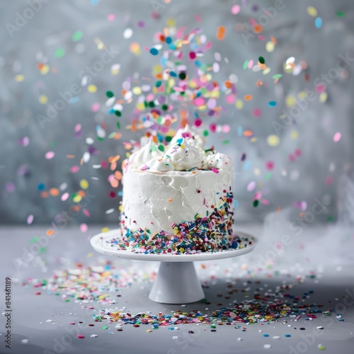 A white cake with a fluffy frosting sits on a cake stand, surrounded by colorful confetti