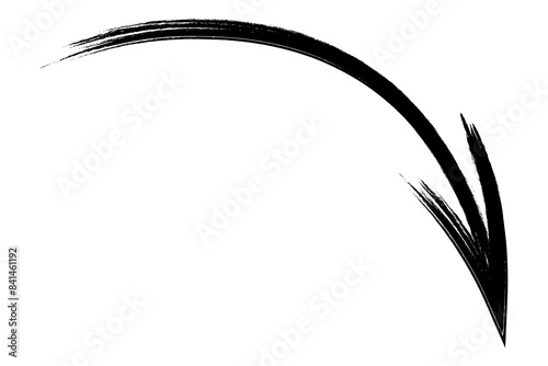 The arrow is rounded. Sketch. The black curved arrow points down and to the right. Hand drawn sign. Vector illustration. Directional signs made from brush strokes. 