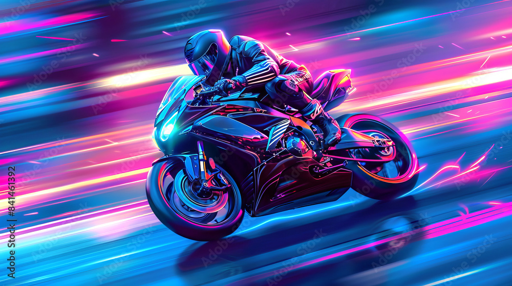 Dynamic neon motorcycle racer on a sleek black motorbike blasting through vibrant light trails. Concept of speed, high-energy racing, modern transport, adrenaline